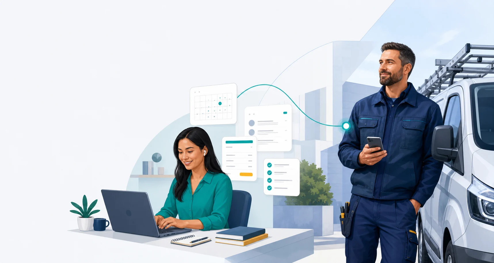 Illustration of a virtual assistant working at a laptop alongside a UK business owner beside his van, connected by scheduling, task and document cards